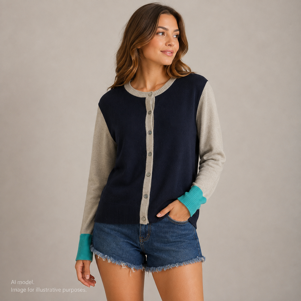 Pure Cardigan Sweater Womens US 6 Navy Beige Colorblock 100% Cashmere Teal Cuffs